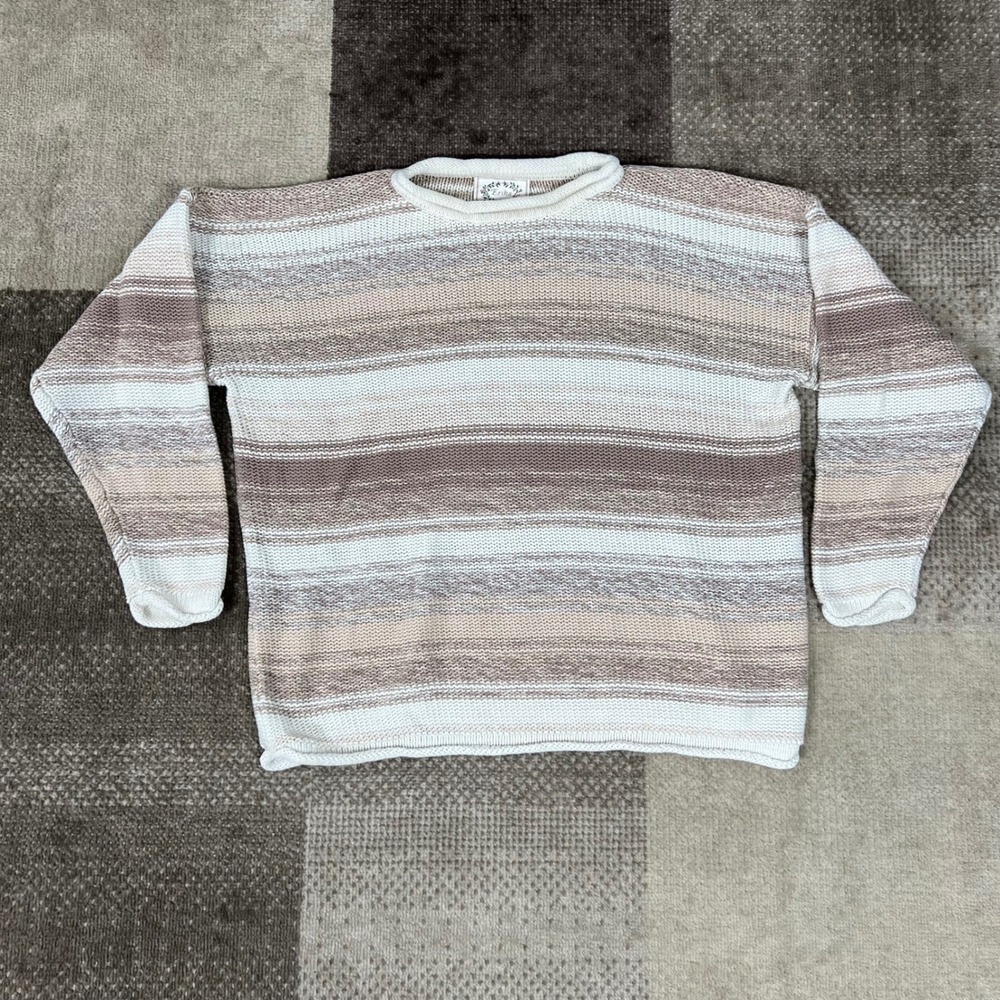 Erika Striped Knit Sweater Ramie Blend Tan/White Womens L Fisherman Earth tone